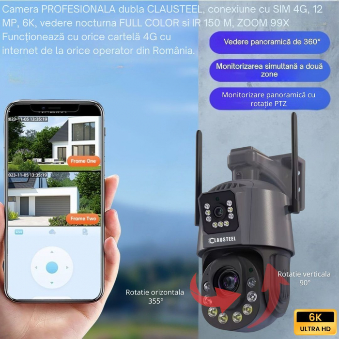 Camera de Supraveghere Profesionala CLAUSTEEL 2in1 Dubla, 4G cu Zoom 99X, 12 MP, 6K, Vizualizare la 1 KM, Senzor PIR, Notificari pe Telefon, Smart Night Vision cu IR pana la 150 M, Slot MicroSD, Compa [3]
