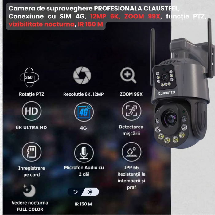 Camera de Supraveghere Profesionala CLAUSTEEL 2in1 Dubla, 4G cu Zoom 99X, 12 MP, 6K, Vizualizare la 1 KM, Senzor PIR, Notificari pe Telefon, Smart Night Vision cu IR pana la 150 M, Slot MicroSD, Compa [2]