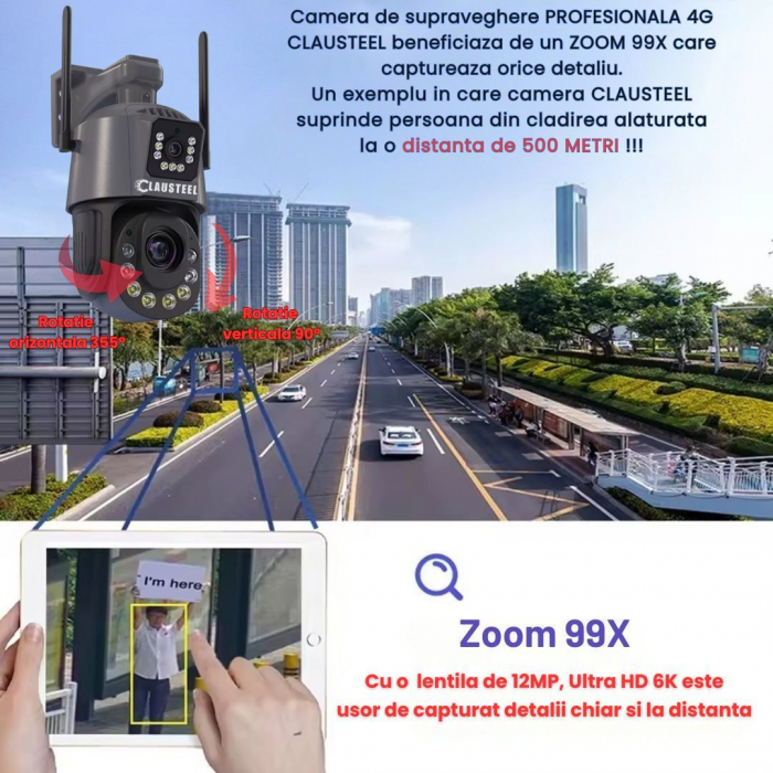 Camera de Supraveghere Profesionala CLAUSTEEL 2in1 Dubla, 4G cu Zoom 99X, 12 MP, 6K, Vizualizare la 1 KM, Senzor PIR, Notificari pe Telefon, Smart Night Vision cu IR pana la 150 M, Slot MicroSD, Compa [4]