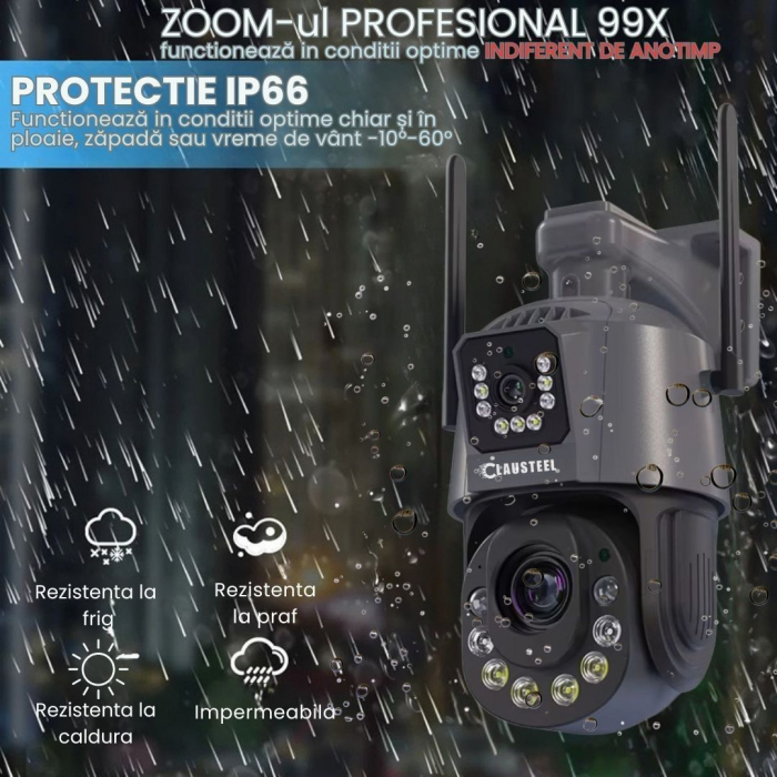 Camera de Supraveghere Profesionala CLAUSTEEL 2in1 Dubla, 4G cu Zoom 99X, 12 MP, 6K, Vizualizare la 1 KM, Senzor PIR, Notificari pe Telefon, Smart Night Vision cu IR pana la 150 M, Slot MicroSD, Compa [9]