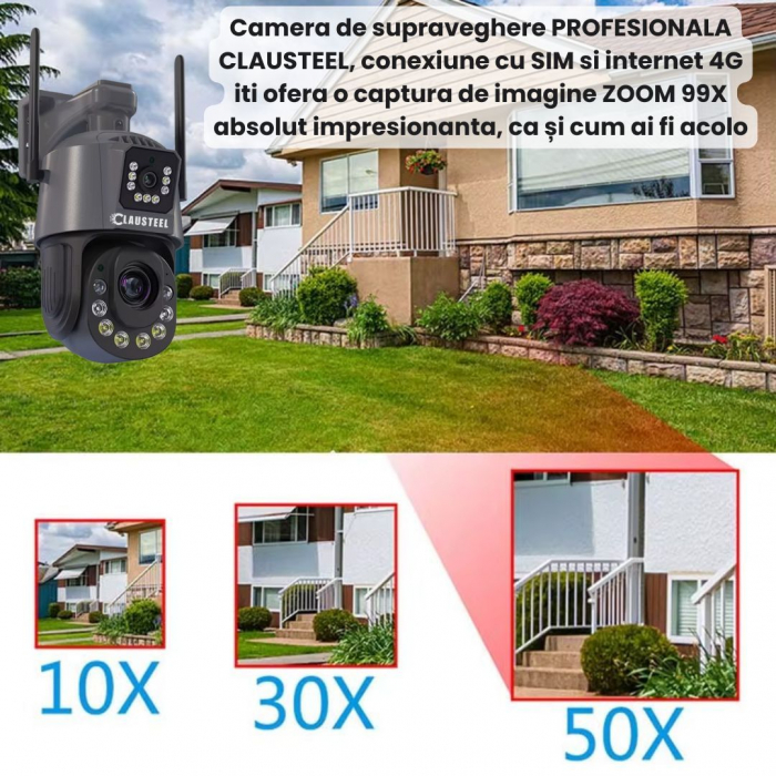 Camera de Supraveghere Profesionala CLAUSTEEL 2in1 Dubla, 4G cu Zoom 99X, 12 MP, 6K, Vizualizare la 1 KM, Senzor PIR, Notificari pe Telefon, Smart Night Vision cu IR pana la 150 M, Slot MicroSD, Compa [5]