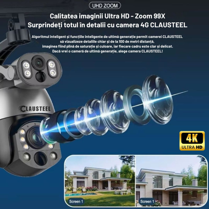 Camera de Supraveghere Profesionala CLAUSTEEL 2IN1, Dubla, 4G cu Zoom 99x, Panou Solar Dublu 12W, 4K, 10 MP, Acumulator 9600 mAh, Vizualizare la 1 KM, Senzor PIR, Notificari pe Telefon [7]
