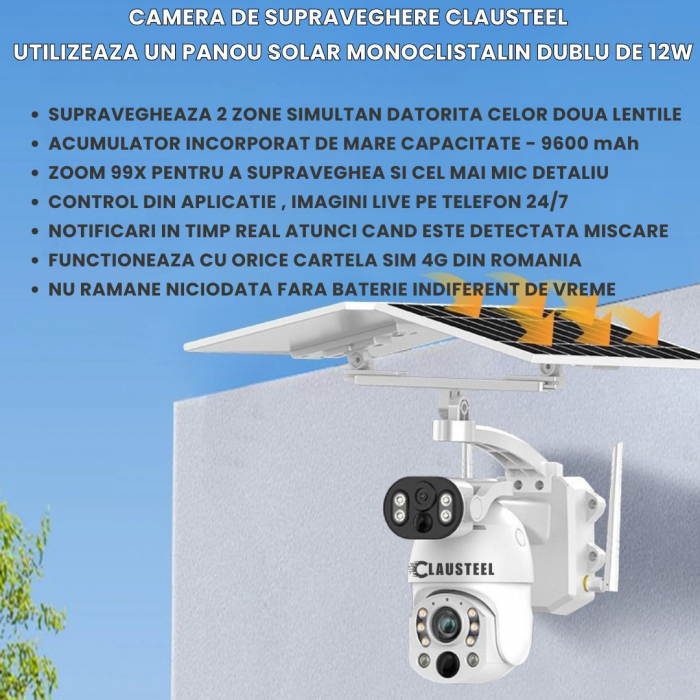 Camera de Supraveghere Profesionala CLAUSTEEL 2IN1, Dubla, 4G cu Zoom 99x, Panou Solar Dublu 12W, 4K, 10 MP, Acumulator 9600 mAh, Vizualizare la 1 KM, Senzor PIR, Notificari pe Telefon, Compatibila cu [3]