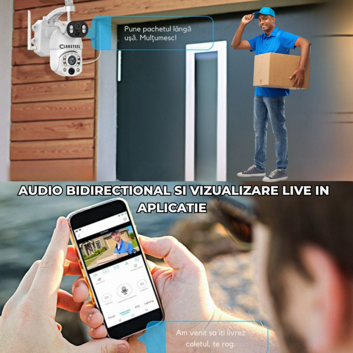 Camera de Supraveghere Profesionala CLAUSTEEL 2IN1, Dubla, 4G cu Zoom 99x, Panou Solar Dublu 12W, 4K, 10 MP, Acumulator 9600 mAh, Vizualizare la 1 KM, Senzor PIR, Notificari pe Telefon, Compatibila cu [5]