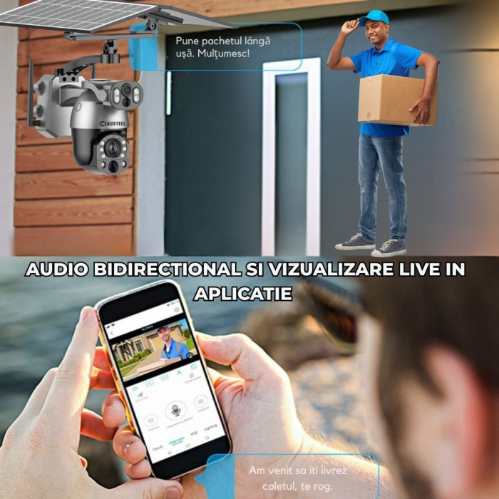 Camera de Supraveghere Profesionala CLAUSTEEL 2IN1, Dubla, 4G cu Zoom 99x, Panou Solar Dublu 12W, 4K, 10 MP, Acumulator 9600 mAh, Vizualizare la 1 KM, Senzor PIR, Notificari pe Telefon [8]