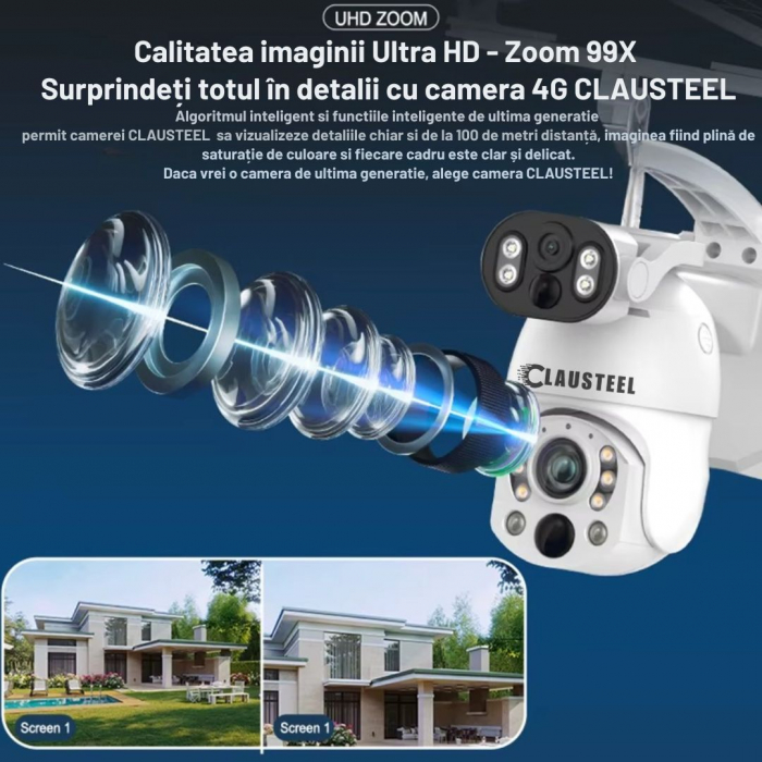 Camera de Supraveghere Profesionala CLAUSTEEL 2IN1, Dubla, 4G cu Zoom 99x, Panou Solar Dublu 12W, 4K, 10 MP, Acumulator 9600 mAh, Vizualizare la 1 KM, Senzor PIR, Notificari pe Telefon, Compatibila cu [7]