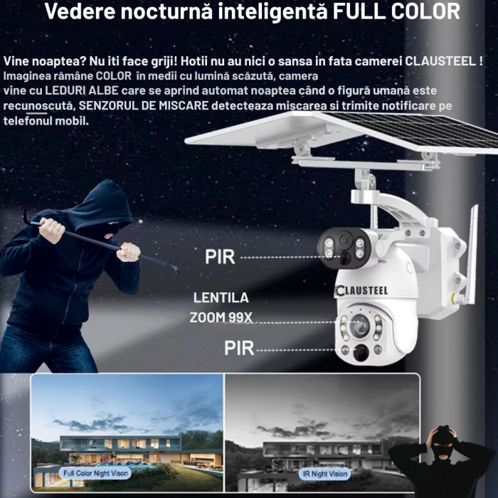 Camera de Supraveghere Profesionala CLAUSTEEL 2IN1, Dubla, 4G cu Zoom 99x, Panou Solar Dublu 12W, 4K, 10 MP, Acumulator 9600 mAh, Vizualizare la 1 KM, Senzor PIR, Notificari pe Telefon, Compatibila cu [6]