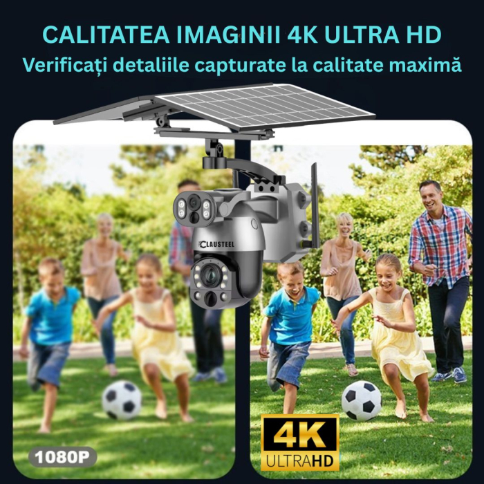 Camera de Supraveghere Profesionala CLAUSTEEL 2IN1, Dubla, 4G cu Zoom 99x, Panou Solar Dublu 12W, 4K, 10 MP, Acumulator 9600 mAh, Vizualizare la 1 KM, Senzor PIR, Notificari pe Telefon [9]