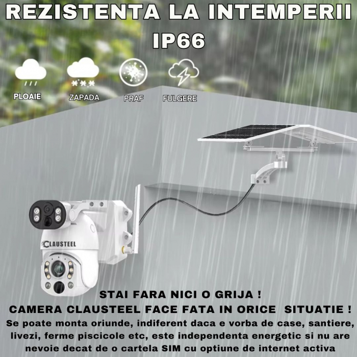 Camera de Supraveghere Profesionala CLAUSTEEL 2IN1, Dubla, 4G cu Zoom 99x, Panou Solar Dublu 12W, 4K, 10 MP, Acumulator 9600 mAh, Vizualizare la 1 KM, Senzor PIR, Notificari pe Telefon, Compatibila cu [4]