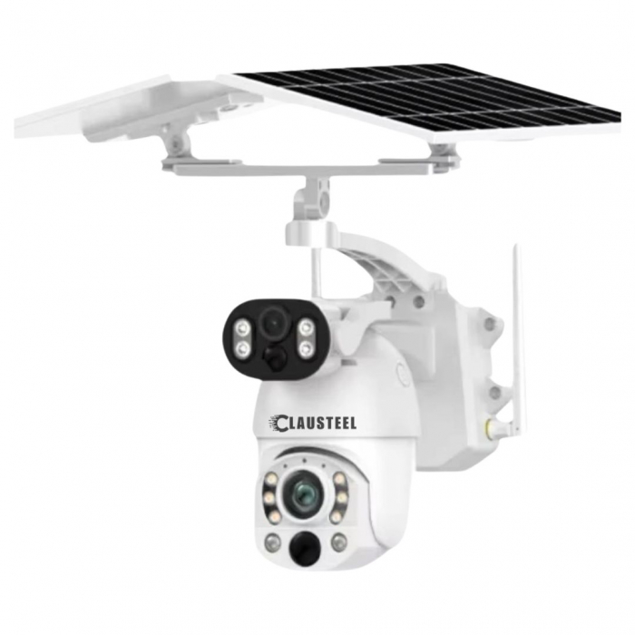 Camera de Supraveghere Profesionala CLAUSTEEL 2IN1, Dubla, 4G cu Zoom 99x, Panou Solar Dublu 12W, 4K, 10 MP, Acumulator 9600 mAh, Vizualizare la 1 KM, Senzor PIR, Notificari pe Telefon, Compatibila cu [9]