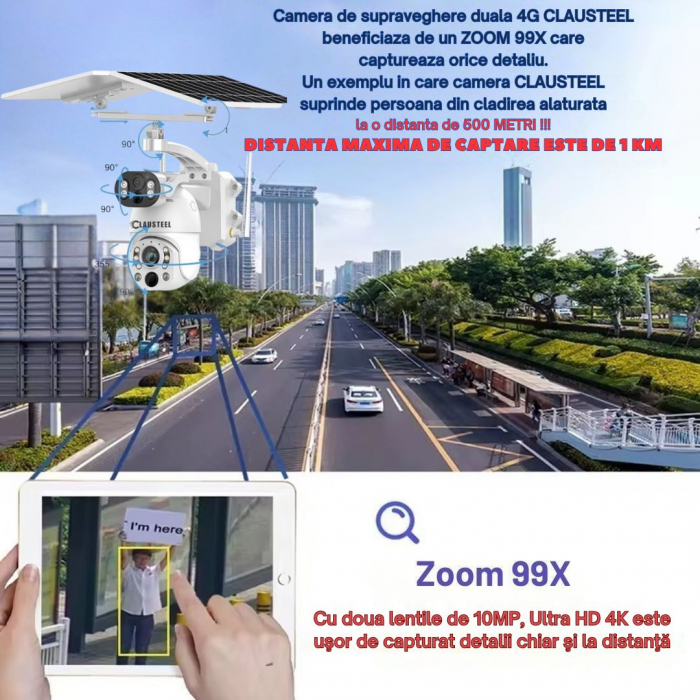 Camera de Supraveghere Profesionala CLAUSTEEL 2IN1, Dubla, 4G cu Zoom 99x, Panou Solar Dublu 12W, 4K, 10 MP, Acumulator 9600 mAh, Vizualizare la 1 KM, Senzor PIR, Notificari pe Telefon, Compatibila cu [8]