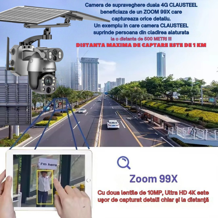 Camera de Supraveghere Profesionala CLAUSTEEL 2IN1, Dubla, 4G cu Zoom 99x, Panou Solar Dublu 12W, 4K, 10 MP, Acumulator 9600 mAh, Vizualizare la 1 KM, Senzor PIR, Notificari pe Telefon [4]