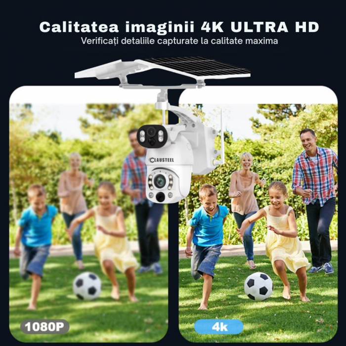 Camera de Supraveghere Profesionala CLAUSTEEL 2IN1, Dubla, 4G cu Zoom 99x, Panou Solar Dublu 12W, 4K, 10 MP, Acumulator 9600 mAh, Vizualizare la 1 KM, Senzor PIR, Notificari pe Telefon, Compatibila cu [2]