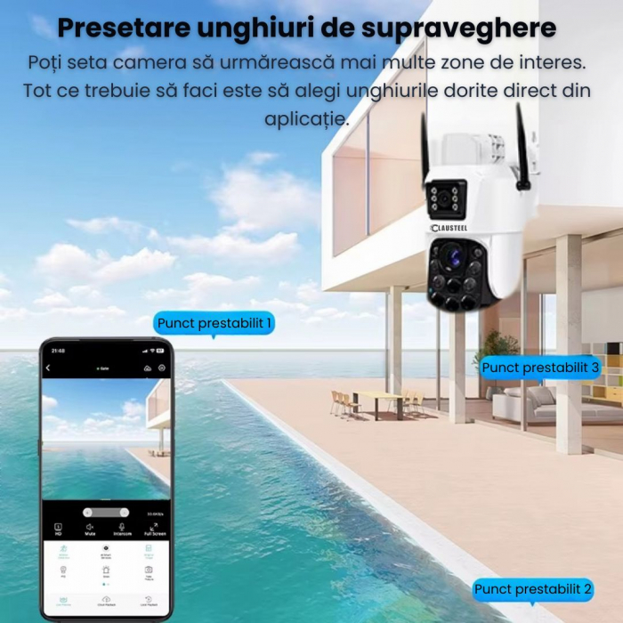 Camera de Supraveghere Profesionala CLAUSTEEL 2in1 Dubla, WiFi cu Zoom 99X, 8 MP, 4K, Vizualizare la 1 KM, Senzor PIR, Notificari pe Telefon, Night Vision FULL COLOR, Slot MicroSD, Microfon bidirectio [6]