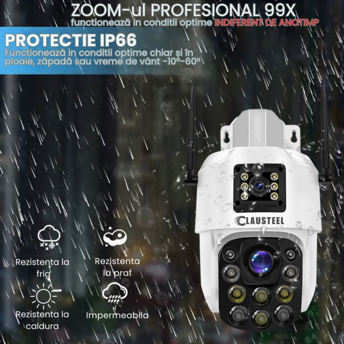 Camera de Supraveghere Profesionala CLAUSTEEL 2in1 Dubla, WiFi cu Zoom 99X, 8 MP, 4K, Vizualizare la 1 KM, Senzor PIR, Notificari pe Telefon, Night Vision FULL COLOR, Slot MicroSD, Microfon bidirectio [9]