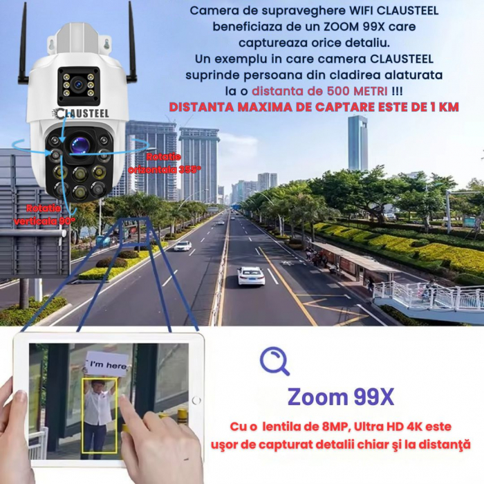 Camera de Supraveghere Profesionala CLAUSTEEL 2in1 Dubla, WiFi cu Zoom 99X, 8 MP, 4K, Vizualizare la 1 KM, Senzor PIR, Notificari pe Telefon, Night Vision FULL COLOR, Slot MicroSD, Microfon bidirectio [3]