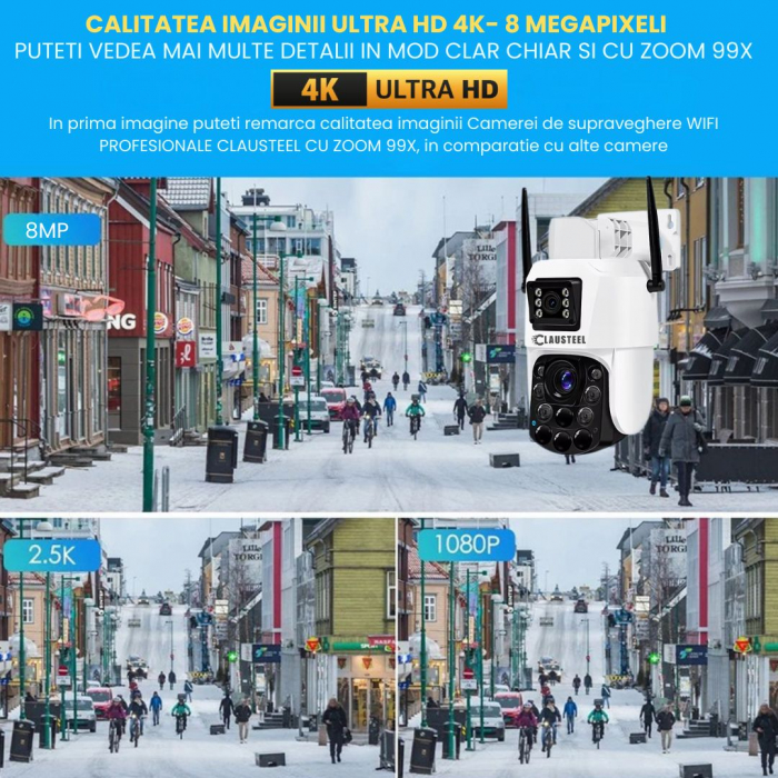 Camera de Supraveghere Profesionala CLAUSTEEL 2in1 Dubla, WiFi cu Zoom 99X, 8 MP, 4K, Vizualizare la 1 KM, Senzor PIR, Notificari pe Telefon, Night Vision FULL COLOR, Slot MicroSD, Microfon bidirectio [4]