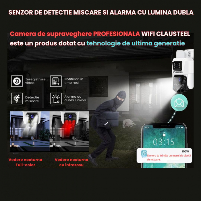 Camera de Supraveghere Profesionala CLAUSTEEL 2in1 Dubla, WiFi cu Zoom 99X, 8 MP, 4K, Vizualizare la 1 KM, Senzor PIR, Notificari pe Telefon, Night Vision FULL COLOR, Slot MicroSD, Microfon bidirectio [7]
