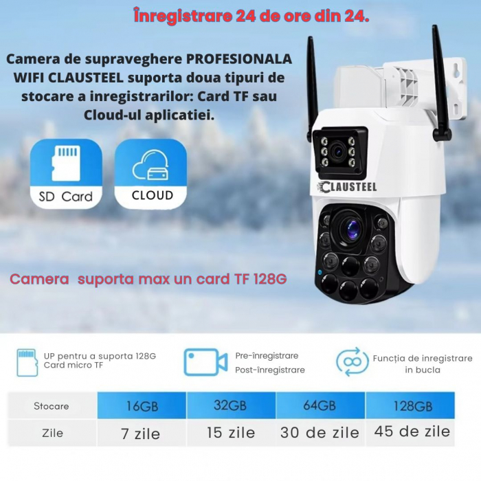 Camera de Supraveghere Profesionala CLAUSTEEL 2in1 Dubla, WiFi cu Zoom 99X, 8 MP, 4K, Vizualizare la 1 KM, Senzor PIR, Notificari pe Telefon, Night Vision FULL COLOR, Slot MicroSD, Microfon bidirectio [10]