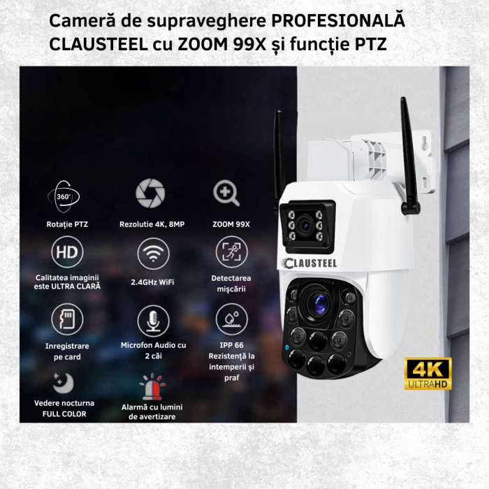 Camera de Supraveghere Profesionala CLAUSTEEL 2in1 Dubla, WiFi cu Zoom 99X, 8 MP, 4K, Vizualizare la 1 KM, Senzor PIR, Notificari pe Telefon, Night Vision FULL COLOR, Slot MicroSD, Microfon bidirectio [2]