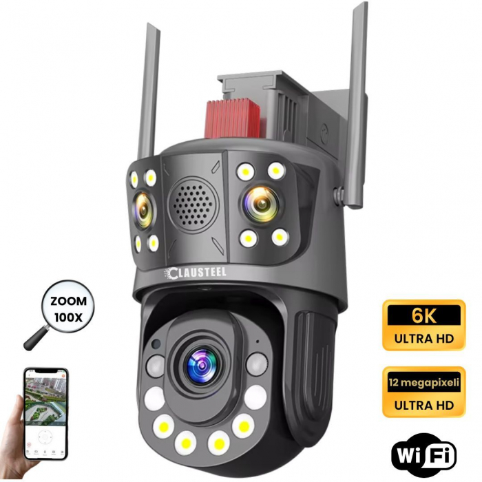 Camera de Supraveghere Profesionala CLAUSTEEL 3in1 WiFi, Tripla cu Zoom 99x, 12 MP, 6K, Vizualizare la 1 KM, Senzor PIR, Notificari pe Telefon, Smart Night Vision cu IR pana la 120 M, Slot MicroSD, Mi [1]