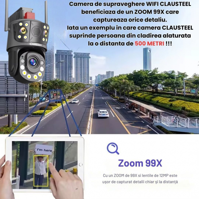 Camera de Supraveghere Profesionala CLAUSTEEL 3in1 WiFi, Tripla cu Zoom 99x, 12 MP, 6K, Vizualizare la 1 KM, Senzor PIR, Notificari pe Telefon, Smart Night Vision cu IR pana la 120 M, Slot MicroSD, Mi [4]