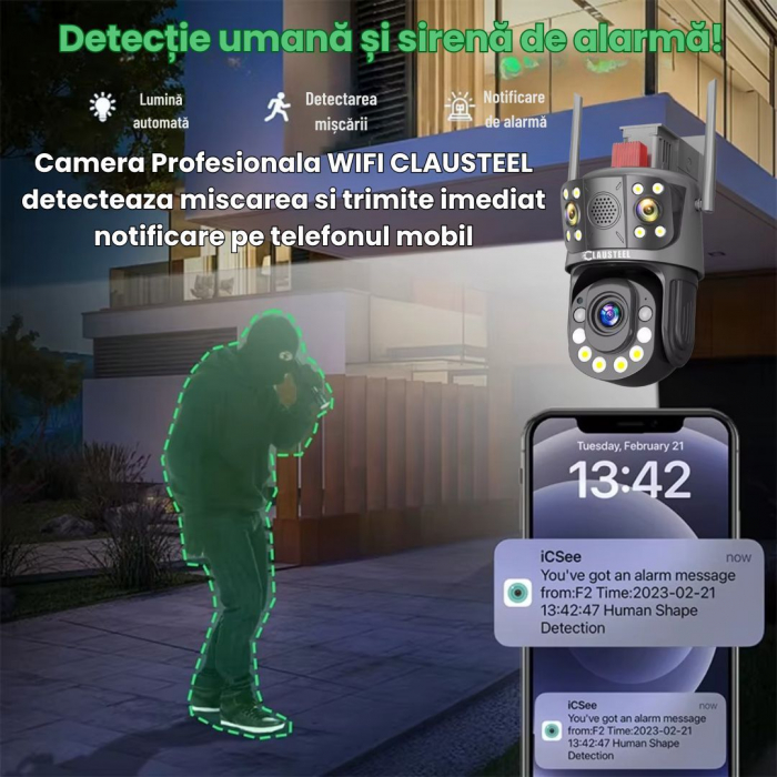Camera de Supraveghere Profesionala CLAUSTEEL 3in1 WiFi, Tripla cu Zoom 99x, 12 MP, 6K, Vizualizare la 1 KM, Senzor PIR, Notificari pe Telefon, Smart Night Vision cu IR pana la 120 M, Slot MicroSD, Mi [8]
