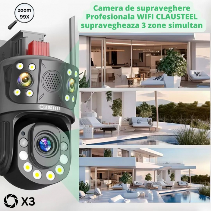 Camera de Supraveghere Profesionala CLAUSTEEL 3in1 WiFi, Tripla cu Zoom 99x, 12 MP, 6K, Vizualizare la 1 KM, Senzor PIR, Notificari pe Telefon, Smart Night Vision cu IR pana la 120 M, Slot MicroSD, Mi [3]