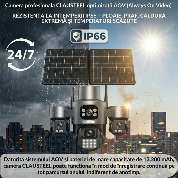 Camera supraveghere CLAUSTEEL 4G cu panou solar 16W, 4 lentile, AOV, 16MP UHD, baterie 13200 mAh, detectie radar 30m, IR 30m, zoom 12X, audio bidirectional, IP66 [9]