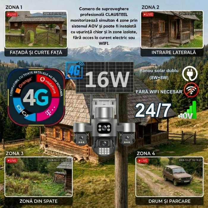 Camera supraveghere CLAUSTEEL 4G cu panou solar 16W, 4 lentile, AOV, 16MP UHD, baterie 13200 mAh, detectie radar 30m, IR 30m, zoom 12X, audio bidirectional, IP66 [3]