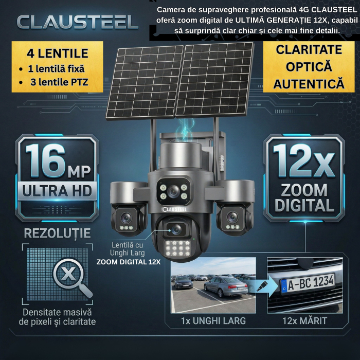 Camera supraveghere CLAUSTEEL 4G cu panou solar 16W, 4 lentile, AOV, 16MP UHD, baterie 13200 mAh, detectie radar 30m, IR 30m, zoom 12X, audio bidirectional, IP66 [7]