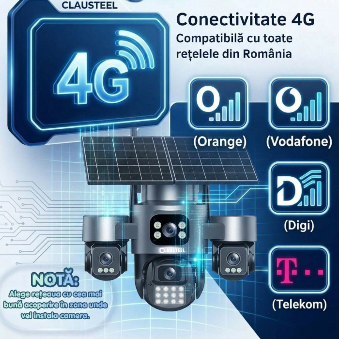 Camera supraveghere CLAUSTEEL 4G cu panou solar 16W, 4 lentile, AOV, 16MP UHD, baterie 13200 mAh, detectie radar 30m, IR 30m, zoom 12X, audio bidirectional, IP66 [2]