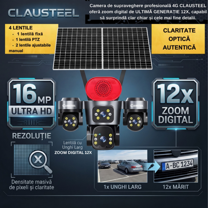 Camera supraveghere CLAUSTEEL 4G cu panou solar 16W, 4 lentile, AOV, 16MP UHD, baterie 15600 mAh, detectie radar 30m, IR 30m, zoom 12X, audio bidirectional, IP66 [7]