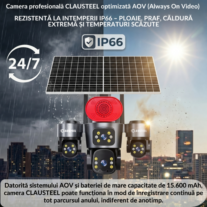 Camera supraveghere CLAUSTEEL 4G cu panou solar 16W, 4 lentile, AOV, 16MP UHD, baterie 15600 mAh, detectie radar 30m, IR 30m, zoom 12X, audio bidirectional, IP66 [10]