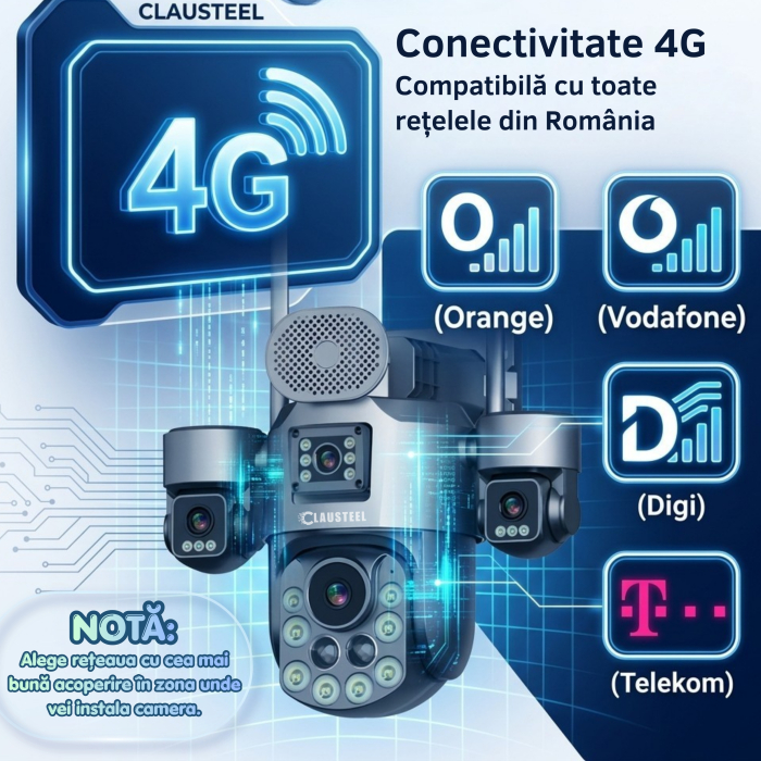 Camera supraveghere CLAUSTEEL 4G cu panou solar 20W, 4 lentile, AOV, baterie 32100 mAh, zoom optic 99X, detectie radar 80-100m, IR 30m, audio bidirectional, IP66, Card 64GB Inclus [2]