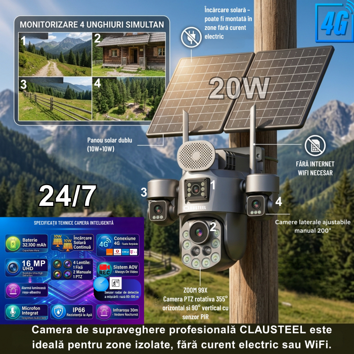 Camera supraveghere CLAUSTEEL 4G cu panou solar 20W, 4 lentile, AOV, baterie 32100 mAh, zoom optic 99X, detectie radar 80-100m, IR 30m, audio bidirectional, IP66, Card 64GB Inclus [3]