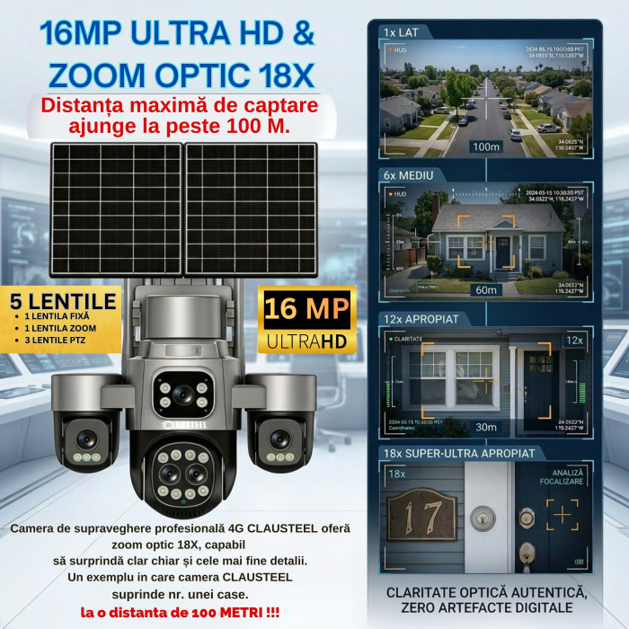 Camera supraveghere CLAUSTEEL 4G cu panou solar 15W, 5 lentile, AOV, 16MP UHD, baterie 16000 mAh, zoom optic 18X, detectie radar 30m, IR 30m, audio bidirectional, IP66 [6]