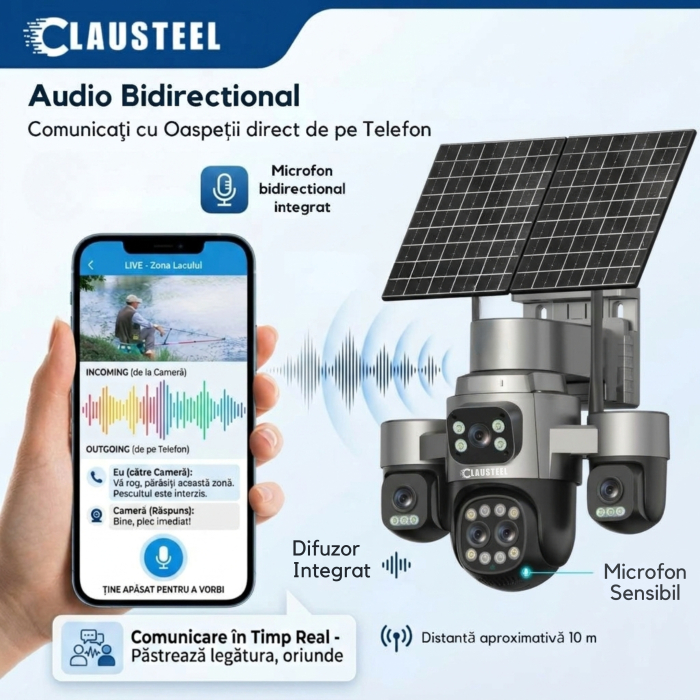 Camera supraveghere CLAUSTEEL 4G cu panou solar 15W, 5 lentile, AOV, 16MP UHD, baterie 16000 mAh, zoom optic 18X, detectie radar 30m, IR 30m, audio bidirectional, IP66 [10]