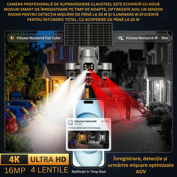 Camera supraveghere CLAUSTEEL 4G cu panou solar 15W, 5 lentile, AOV, 16MP UHD, baterie 16000 mAh, zoom optic 18X, detectie radar 30m, IR 30m, audio bidirectional, IP66 [7]