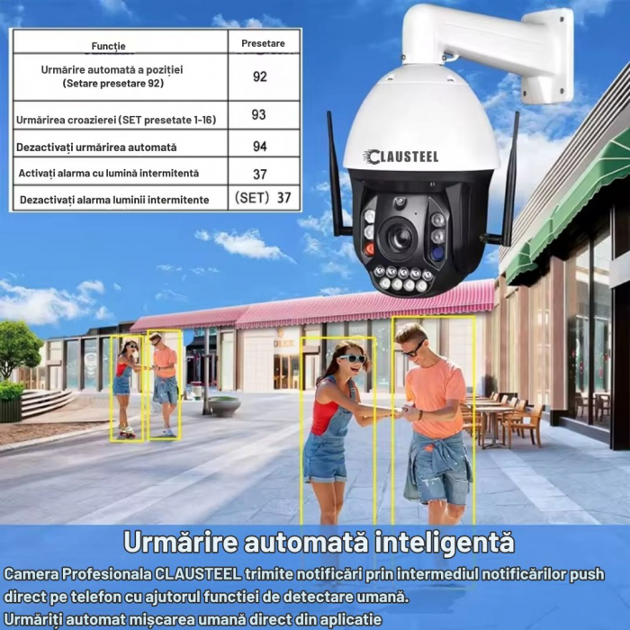Camera de Supraveghere Profesionala CLAUSTEEL WiFi cu Zoom 99x, 8 MP, 4K, Vizualizare la 1 KM, Senzor PIR, Notificari pe Telefon, Smart Night Vision, Slot MicroSD, Microfon bidirectional [8]