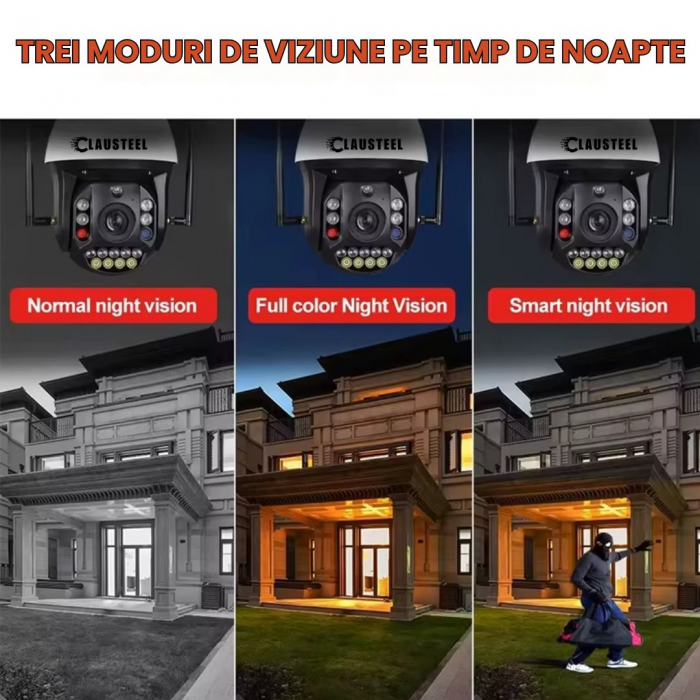 Camera de Supraveghere Profesionala CLAUSTEEL WiFi cu Zoom 99x, 8 MP, 4K, Vizualizare la 1 KM, Senzor PIR, Notificari pe Telefon, Smart Night Vision, Slot MicroSD, Microfon bidirectional [7]
