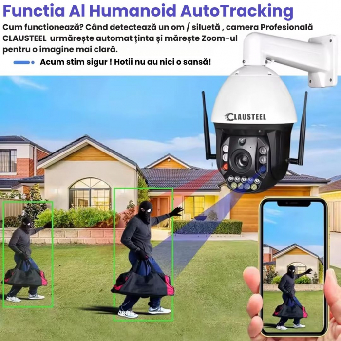 Camera de Supraveghere Profesionala CLAUSTEEL WiFi cu Zoom 99x, 8 MP, 4K, Vizualizare la 1 KM, Senzor PIR, Notificari pe Telefon, Smart Night Vision, Slot MicroSD, Microfon bidirectional [6]