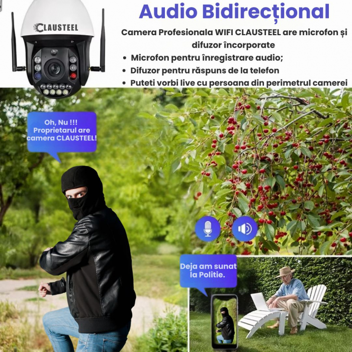 Camera de Supraveghere Profesionala CLAUSTEEL WiFi cu Zoom 99x, 8 MP, 4K, Vizualizare la 1 KM, Senzor PIR, Notificari pe Telefon, Smart Night Vision, Slot MicroSD, Microfon bidirectional [9]