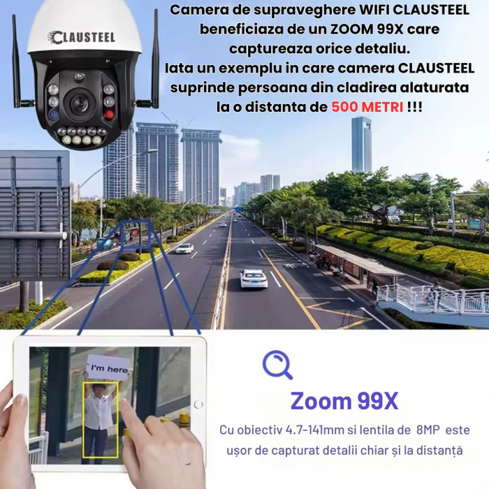 Camera de Supraveghere Profesionala CLAUSTEEL WiFi cu Zoom 99x, 8 MP, 4K, Vizualizare la 1 KM, Senzor PIR, Notificari pe Telefon, Smart Night Vision, Slot MicroSD, Microfon bidirectional [3]