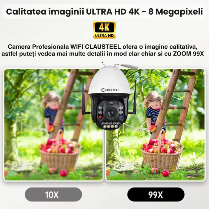 Camera de Supraveghere Profesionala CLAUSTEEL WiFi cu Zoom 99x, 8 MP, 4K, Vizualizare la 1 KM, Senzor PIR, Notificari pe Telefon, Smart Night Vision, Slot MicroSD, Microfon bidirectional [4]