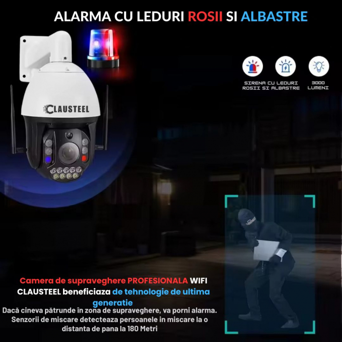 Camera de Supraveghere Profesionala CLAUSTEEL WiFi cu Zoom 99x, 8 MP, 4K, Vizualizare la 1 KM, Senzor PIR, Notificari pe Telefon, Smart Night Vision, Slot MicroSD, Microfon bidirectional [5]