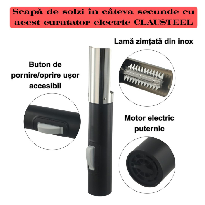 Curatator Electric Solzi de Peste si Fructe de mare CLAUSTEEL, 20 000 RPM, IPX7, Acumulator incorporat 3000 mAh, Putere 125 W, Lame din Otel Inoxidabil, Negru [7]
