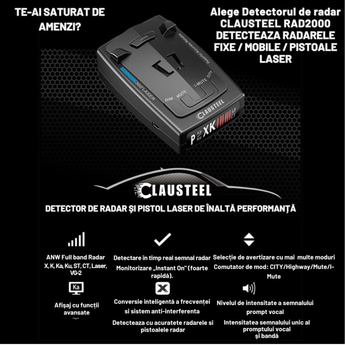 Detector de radar CLAUSTEL RAD2000, 16 benzi, Detectie laser 360 grade X K KA, Detecteaza Radare si Pistoale Radar noi, Ecran LED, Accesorii incluse [3]