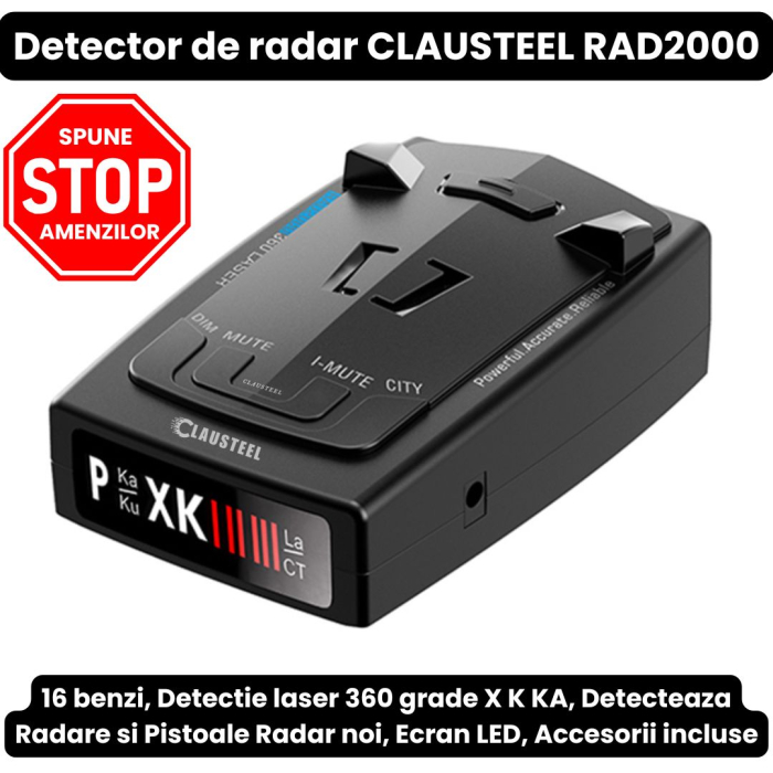 Detector de radar CLAUSTEL RAD2000, 16 benzi, Detectie laser 360 grade X K KA, Detecteaza Radare si Pistoale Radar noi, Ecran LED, Accesorii incluse [4]