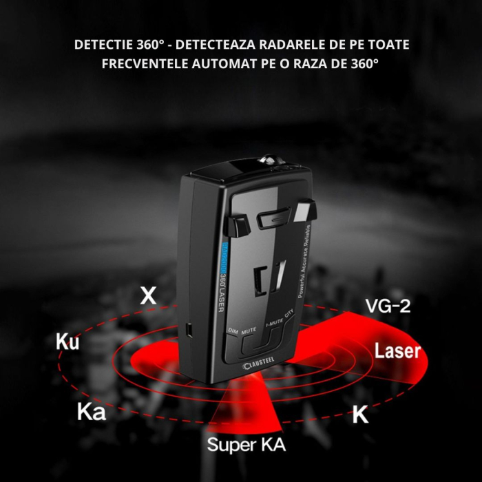 Detector de radar CLAUSTEL RAD2000, 16 benzi, Detectie laser 360 grade X K KA, Detecteaza Radare si Pistoale Radar noi, Ecran LED, Accesorii incluse [6]